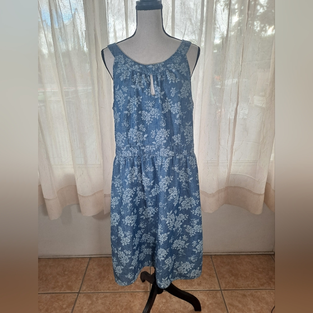Ann Taylor Loft Women's Blue Denim Sleeveless Summer Dress Floral Size 14